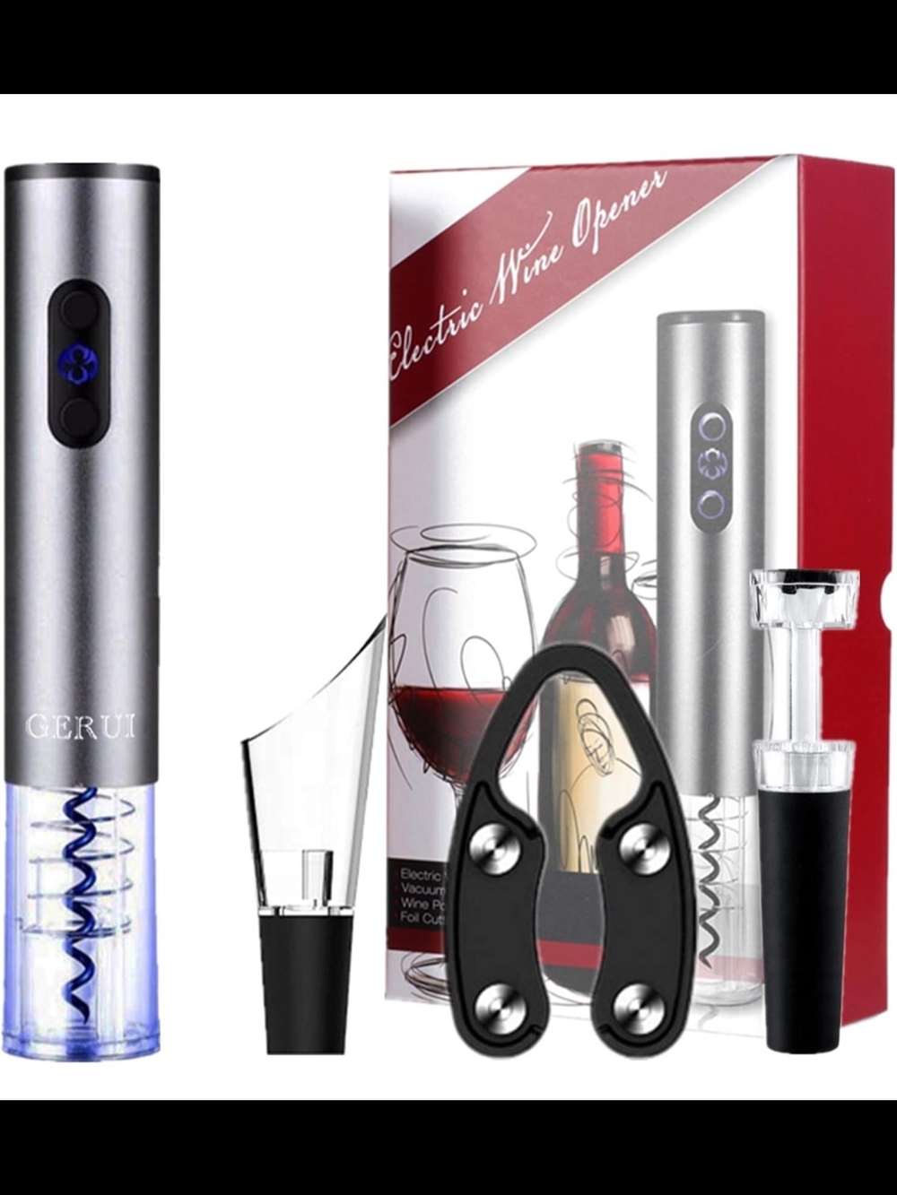 Electric Wine Opener 4 Piece Set - Opener, Vacuum Stopper, Foil Cutter, & Pourer